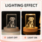 Light-off and light-on comparison of a custom square 3D dog portrait crystal night light with a warm wooden LED base.