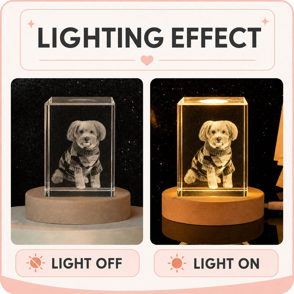 Light-off and light-on comparison of a custom square 3D dog portrait crystal night light with a warm wooden LED base.