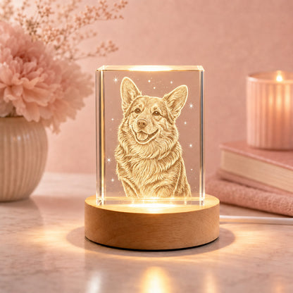 Custom square 3D dog portrait crystal night light glowing on a round wooden LED base in a soft pink home setting.