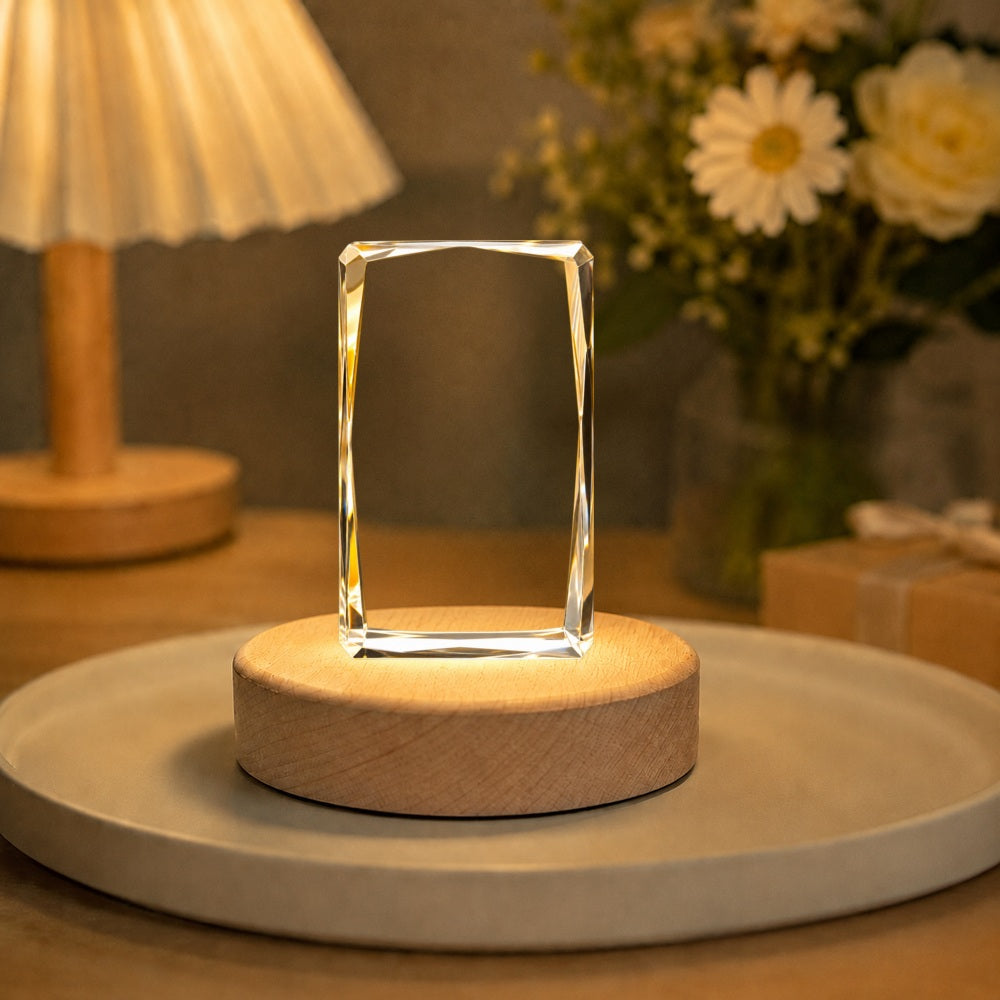 Tall rectangular crystal pet portrait night light glowing on a wooden LED base in a warm home setting.