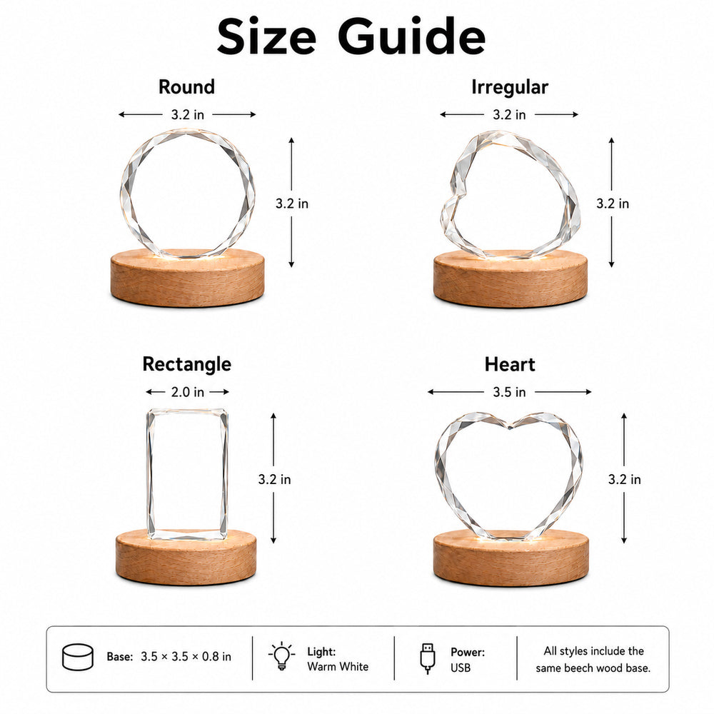 Size guide for personalized pet crystal night lights in round, irregular heart, rectangle and heart shapes with a USB-powered warm-white beech wood base.