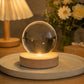 Clear spherical crystal pet portrait night light glowing on a wooden LED base in a warm home setting.