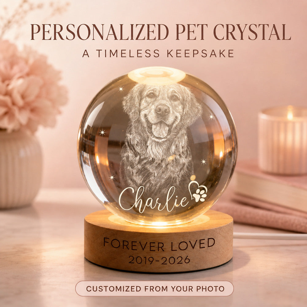 Custom 3D dog portrait crystal ball night light with an engraved wooden base, personalized from a pet photo as a memorial keepsake.