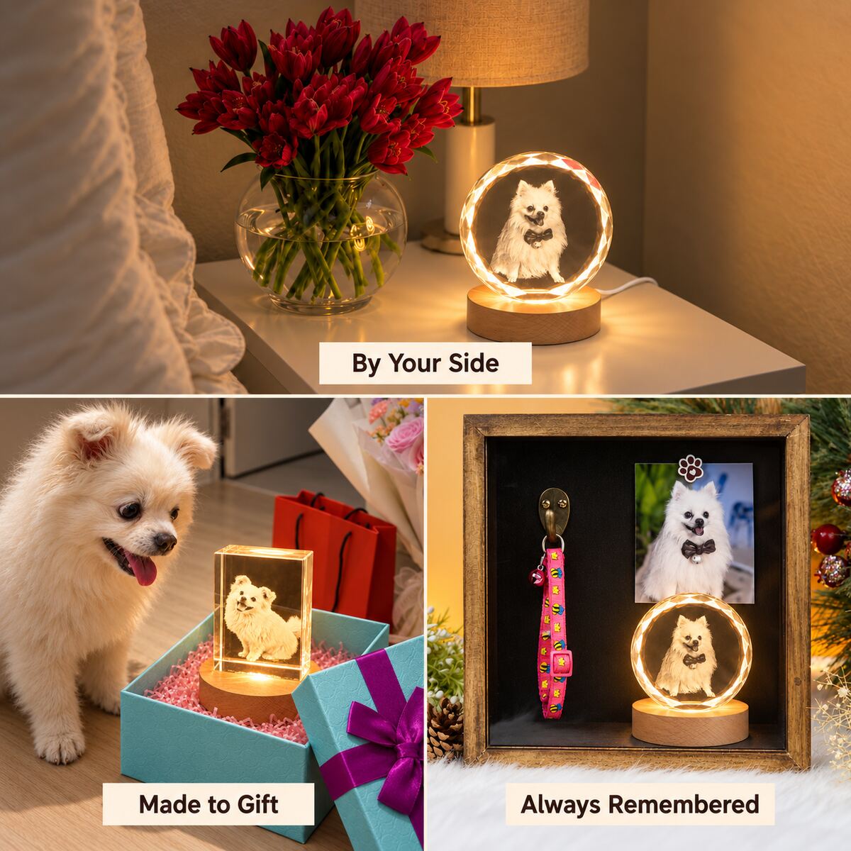 Custom pet portrait crystal night lights on a bedside table, in an aqua gift box beside a white dog, and in a memorial display with a dog photo and collar.