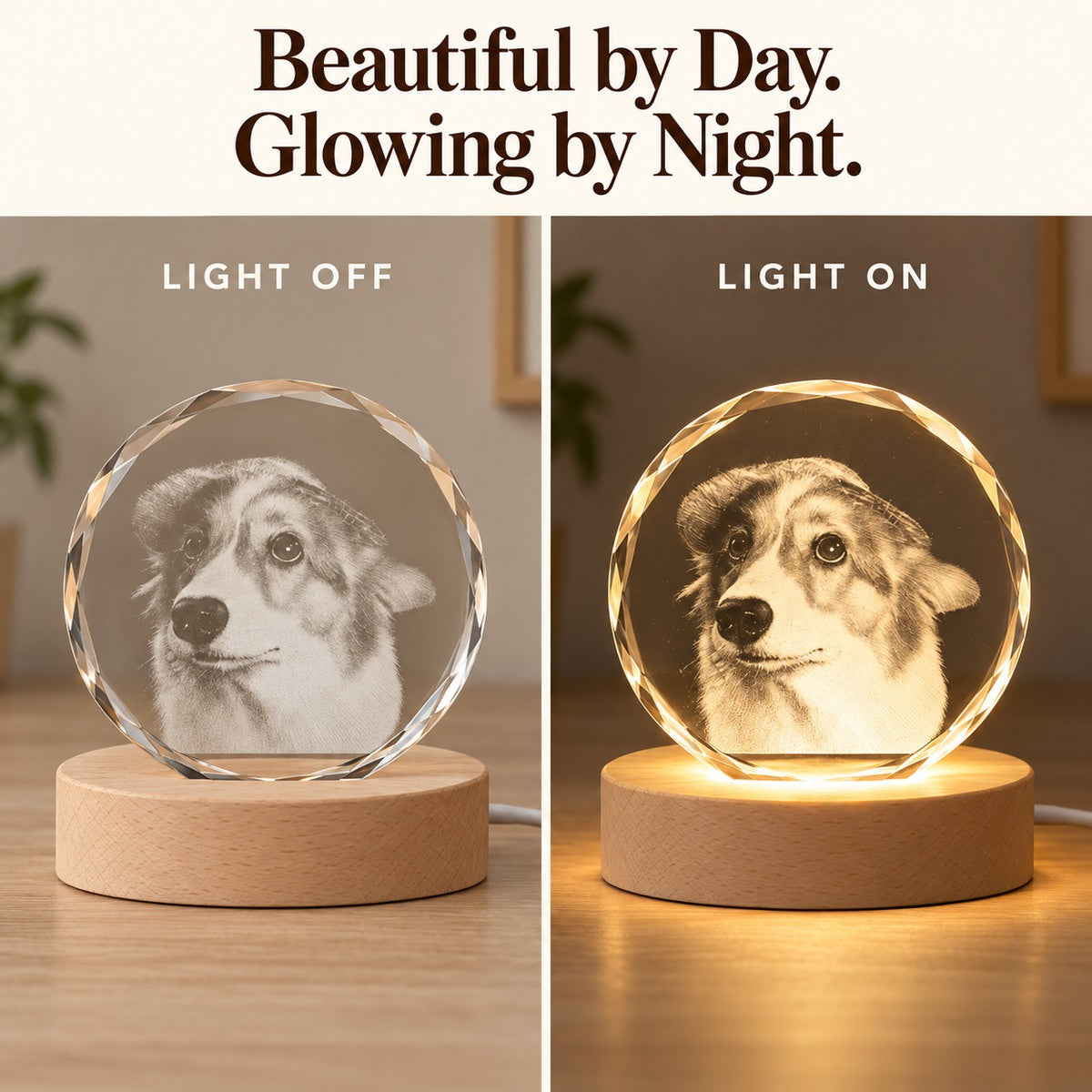 Custom pet crystal night light with an engraved dog portrait on a wooden LED base, shown with the light off and on.