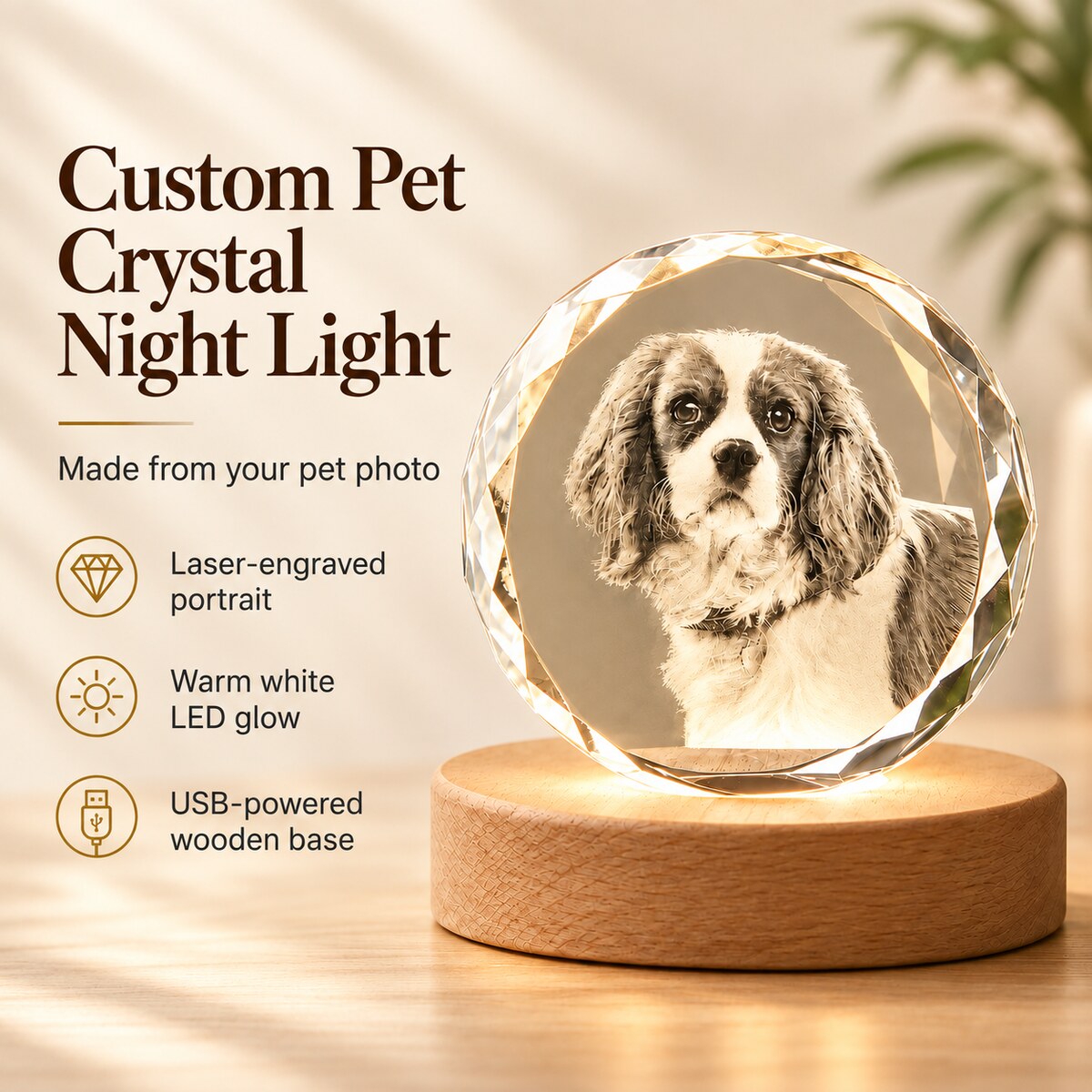 Personalized pet photo engraved inside a faceted round crystal night light with a warm-white beech wood USB base.