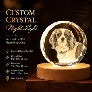 Personalized pet photo engraved inside a faceted round crystal night light with a warm-white beech wood USB base.