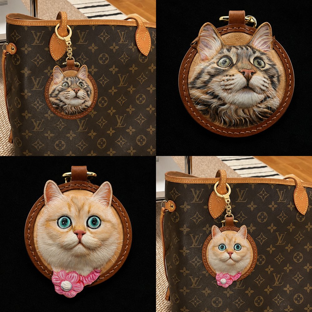 Two handcrafted round leather bag charms featuring personalized tabby and cream-colored cat portraits displayed on brown handbags.