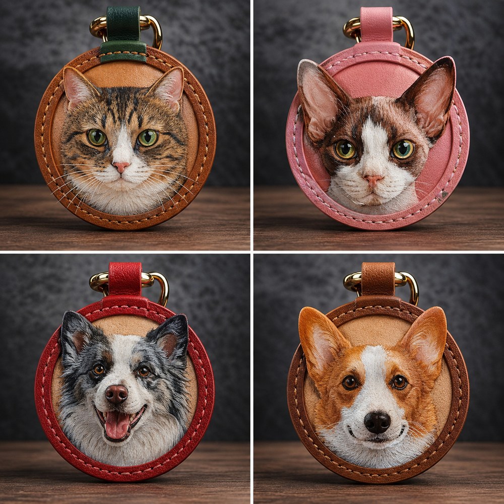 Collection of four handcrafted round leather portrait keychains featuring two personalized cat portraits and two custom dog portraits in brown, pink and red leather.