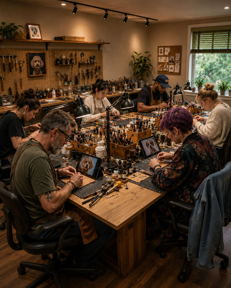 Team of skilled artisans handcrafting personalized pet portraits from customer photos in the PetPortraArt workshop.
