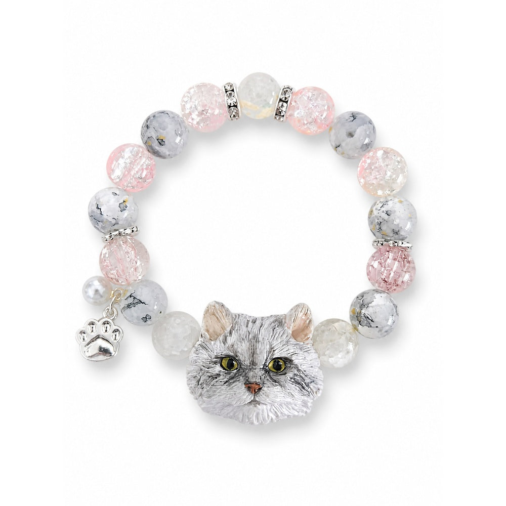 Custom gray long-haired cat portrait beaded bracelet with gray, pink and clear beads on white.