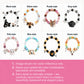 Custom pet portrait bracelet color guide showing black, yellow, purple, gray, pink, blue, brown and green options.