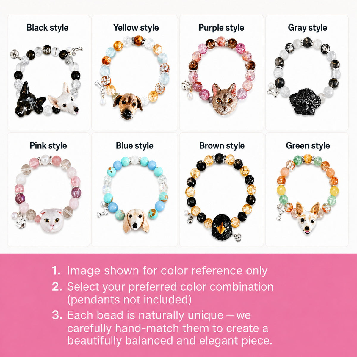 Custom pet portrait bracelet color guide showing black, yellow, purple, gray, pink, blue, brown and green options.