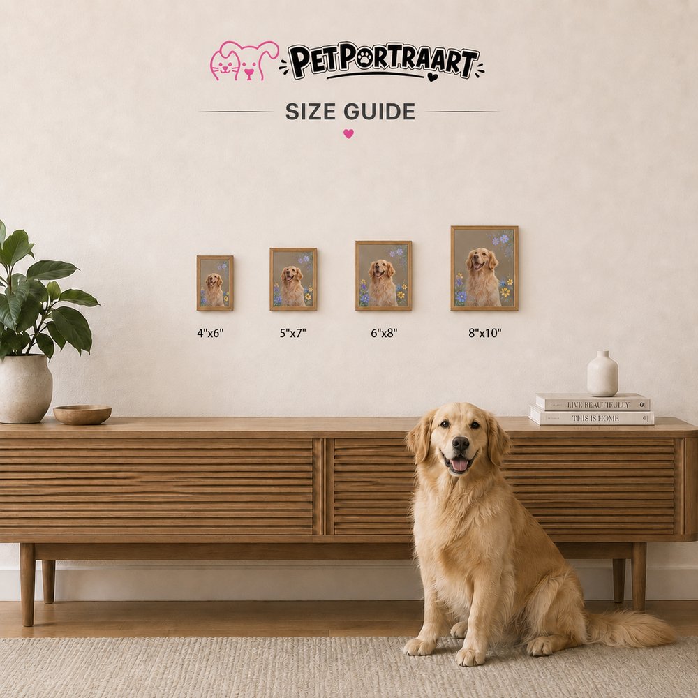 Custom pet portrait size guide showing 4x6, 5x7, 6x8 and 8x10 inch vertical options above a wooden cabinet with a Golden Retriever.