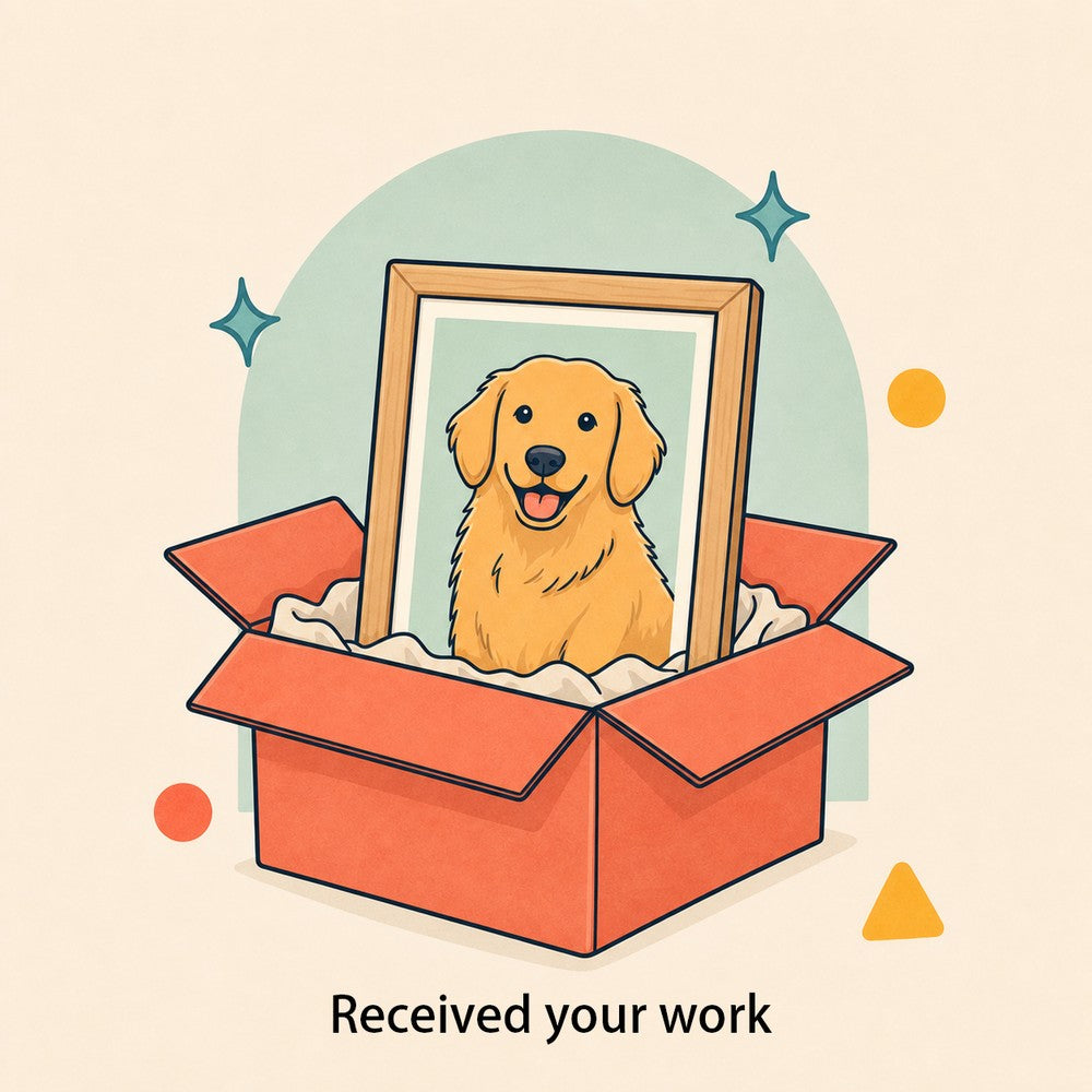 Illustration of a finished custom dog portrait securely packaged in a shipping box, representing the final delivery step.