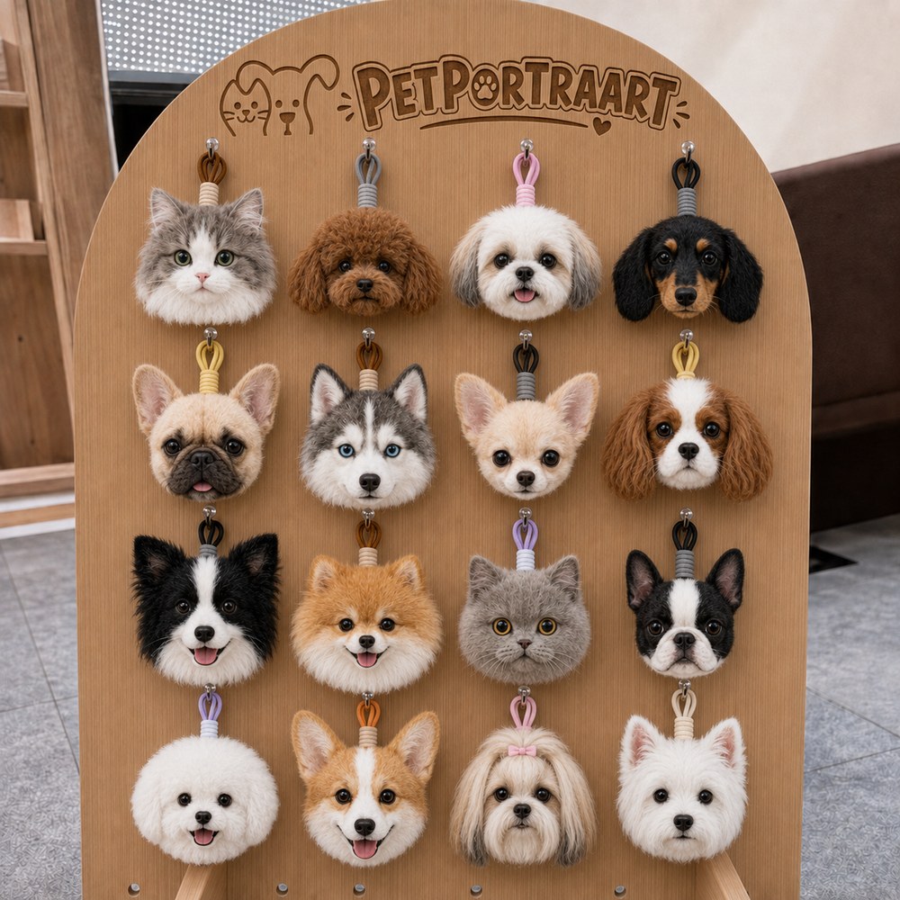 Display board featuring personalized dog and cat head bag charms in multiple breeds, colors and hanging-loop styles.