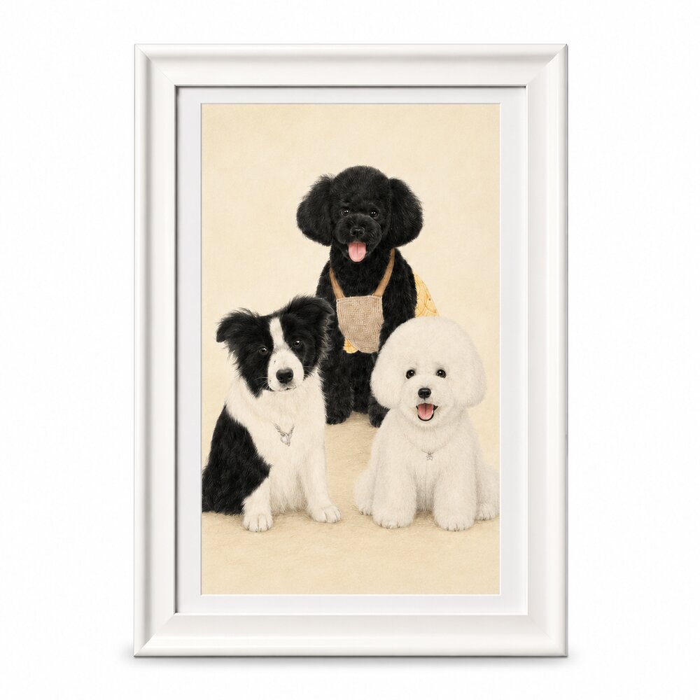 Framed custom pencil portrait of three dogs created from pet photos with realistic fur details and individual expressions.