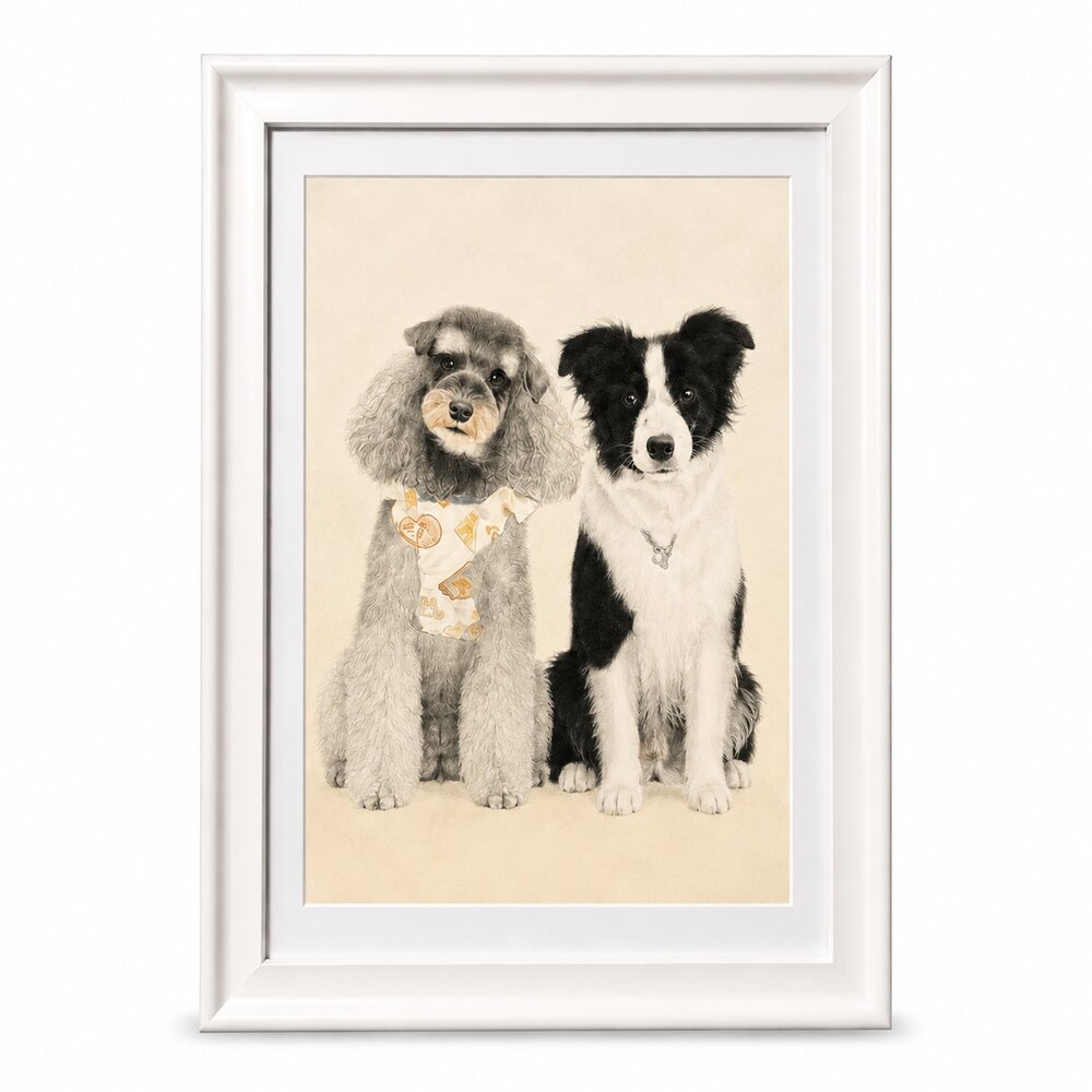 Framed custom pencil portrait of two dogs created from pet photos with detailed fur texture and realistic expressions.