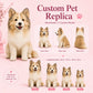 Custom handmade dog replica shown from the front, side and back with 8, 10, 12 and 16 inch size options.