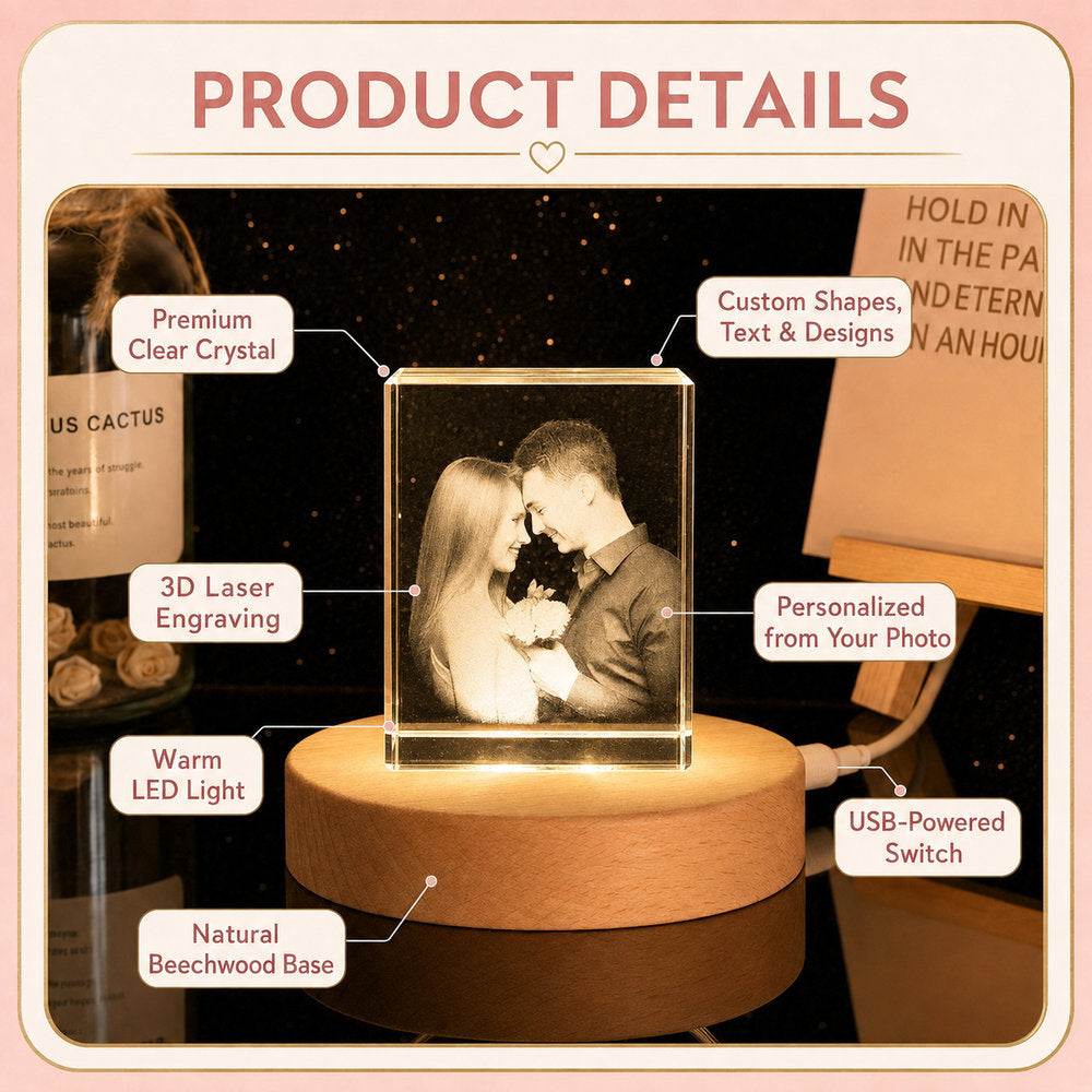 Product details of a custom square 3D photo crystal night light with laser engraving, warm LED light, beechwood base and USB power.