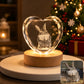 Personalized rabbit portrait engraved inside a faceted heart-shaped crystal night light with a warm wooden LED base, displayed beside the original pet photo.