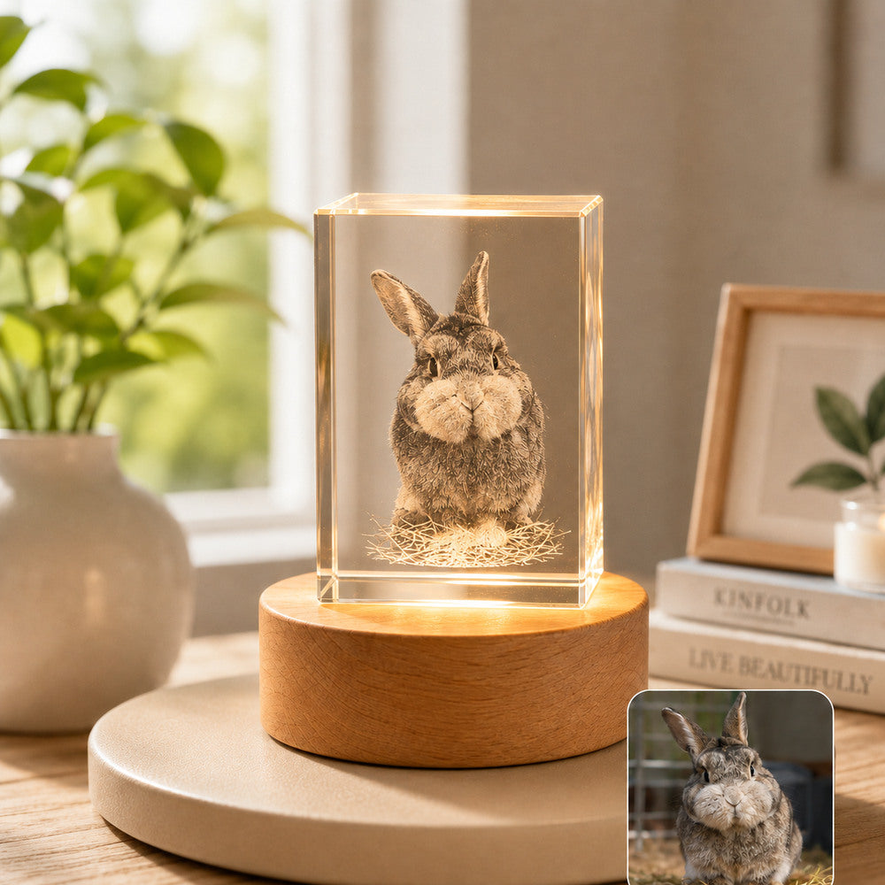 Custom square 3D rabbit portrait crystal night light on a wooden LED base, personalized from an uploaded pet photo.