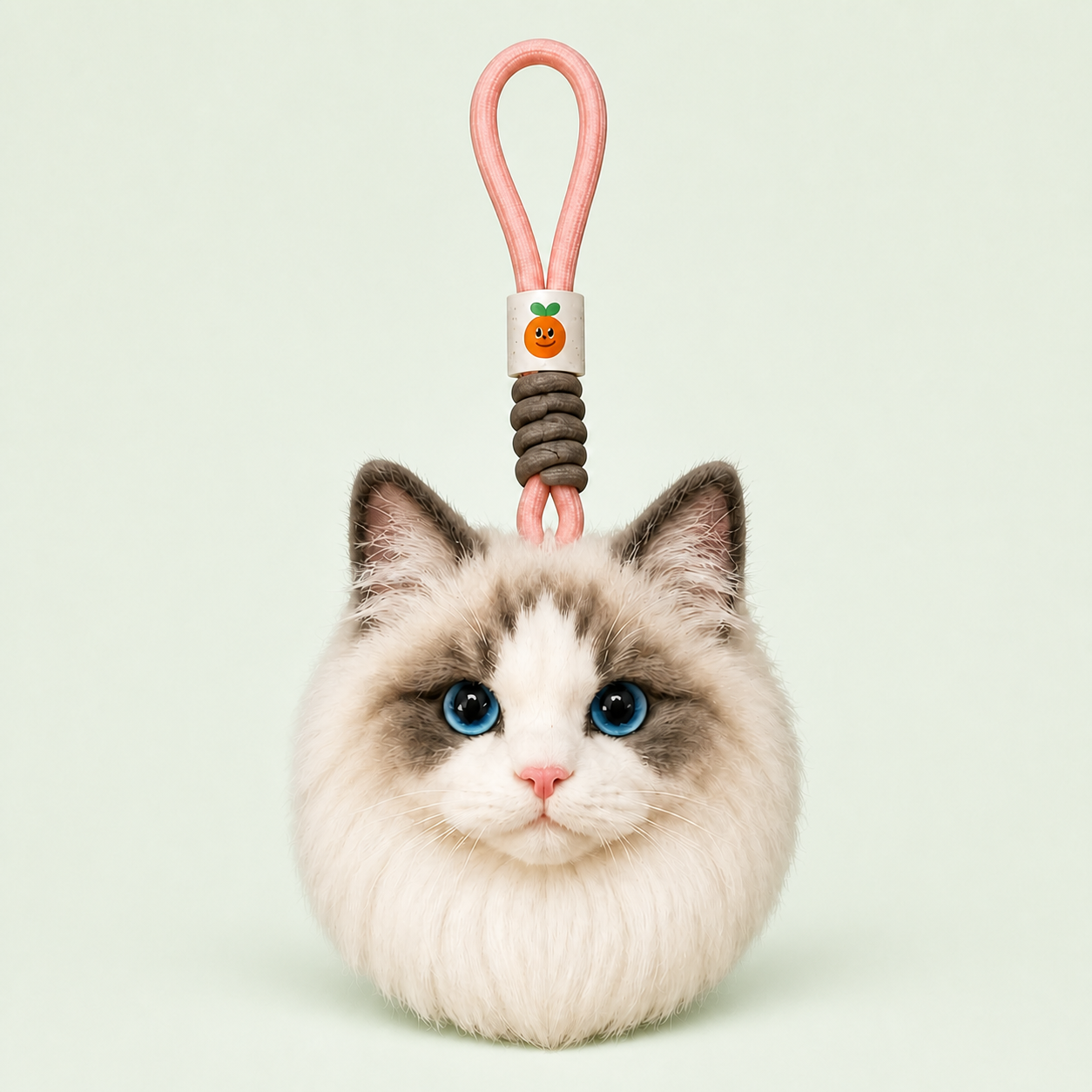 Custom wool-felt portrait keychain of a blue-eyed Ragdoll cat with a pink hanging loop and detailed fluffy fur.