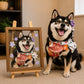 Black and tan Shiba Inu wearing a traditional floral outfit beside its personalized glass pet portrait in a wooden frame.