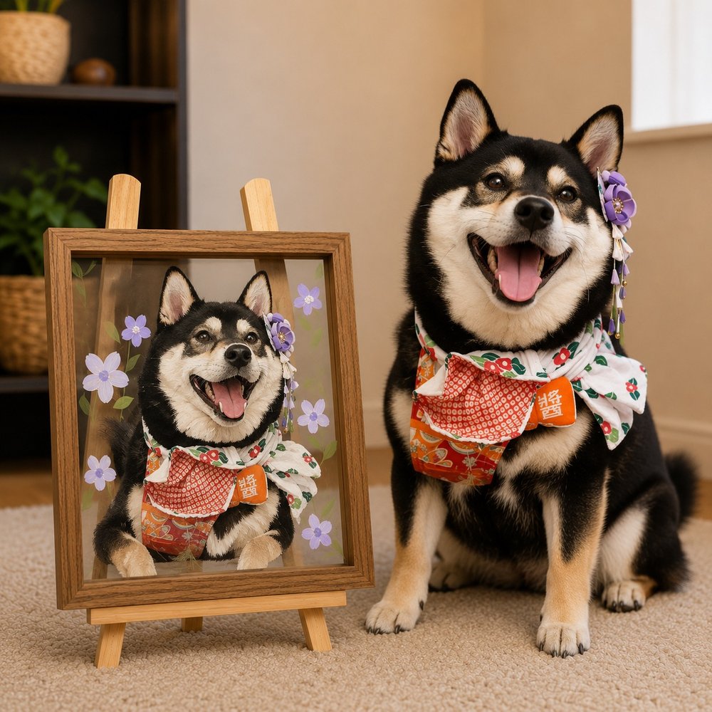 Black and tan Shiba Inu wearing a traditional floral outfit beside its personalized glass pet portrait in a wooden frame.