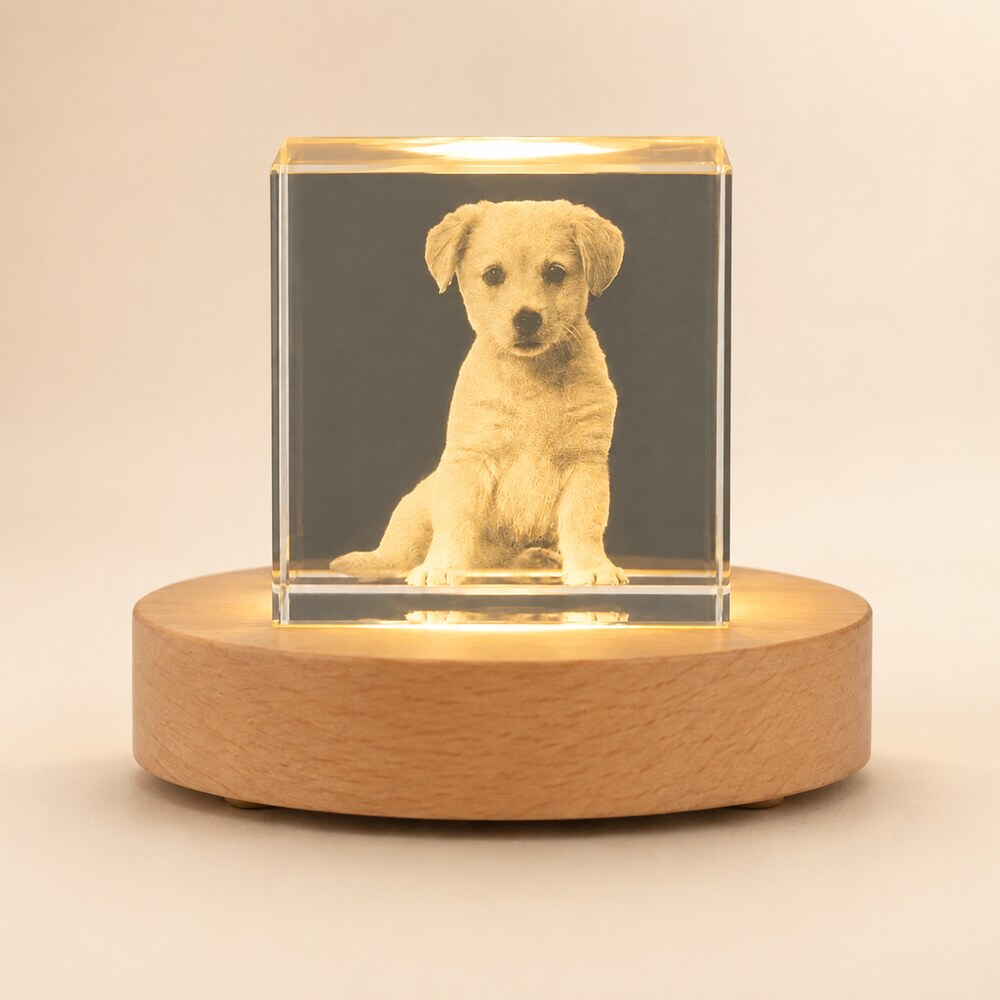 Custom crystal pet portrait block featuring a dog photo engraving on a wooden LED light base with warm illumination.