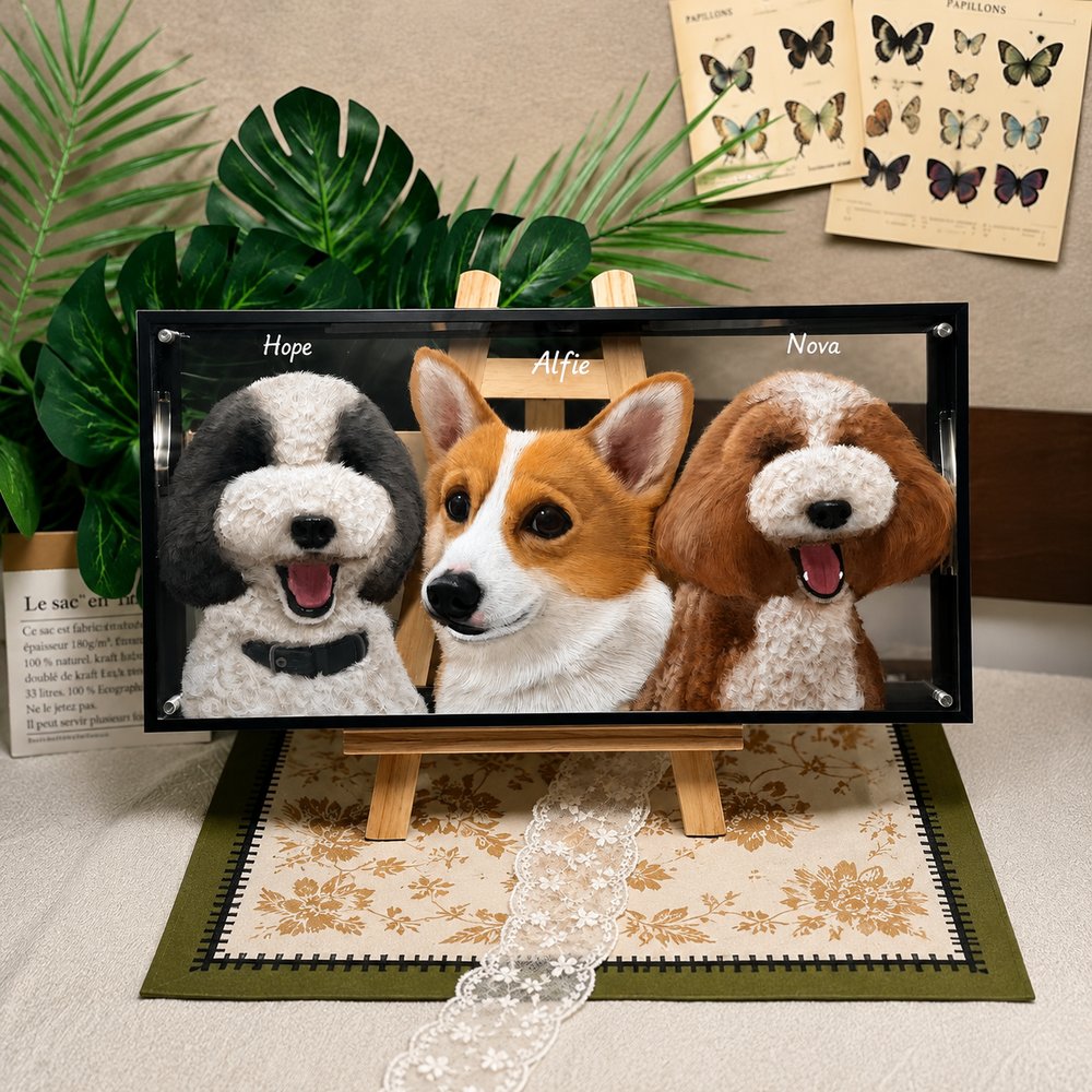 Custom Multi-Layer Glass Pet Portrait – Three Pets | PetPortraArt