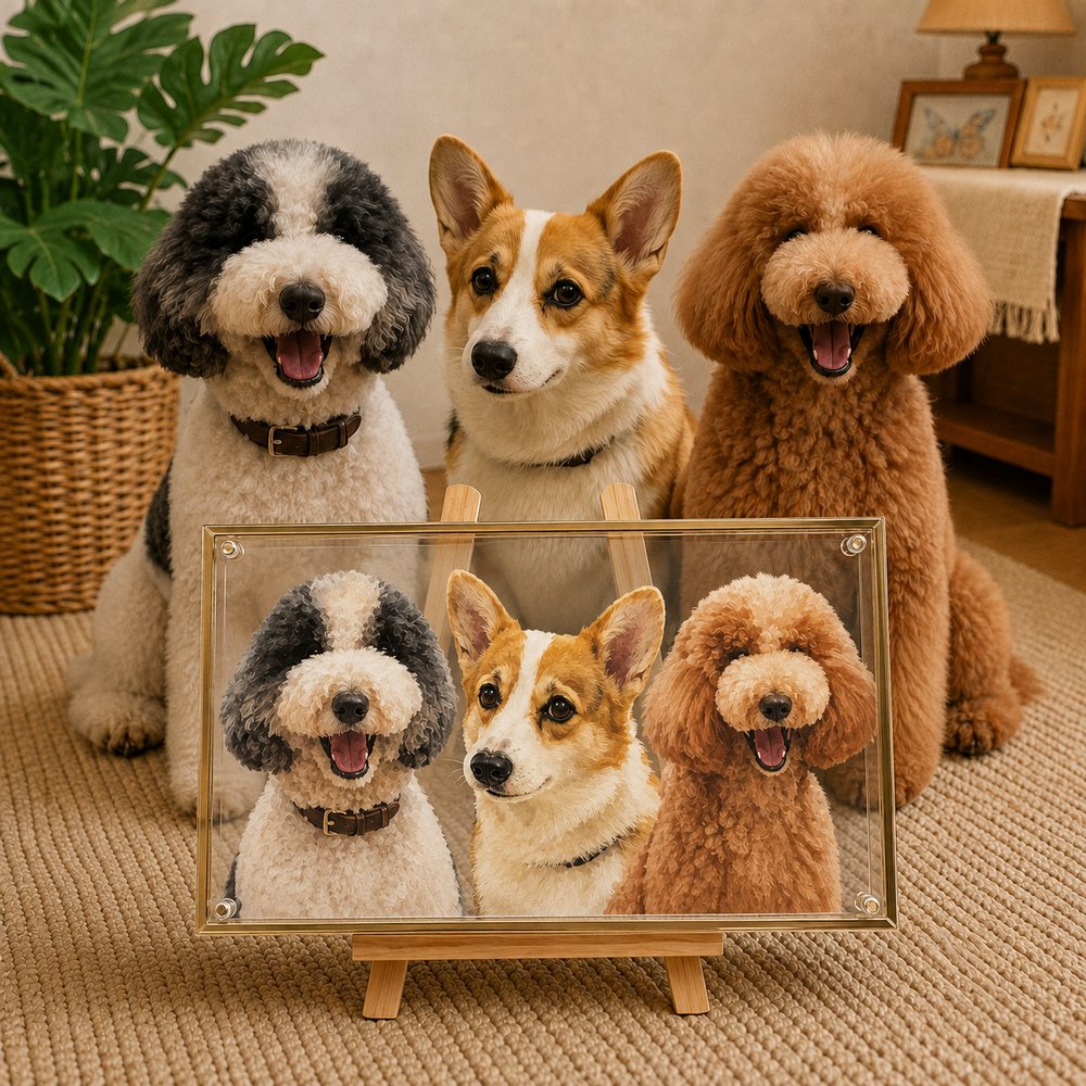 Custom Multi-Layer Glass Pet Portrait – Three Pets | PetPortraArt