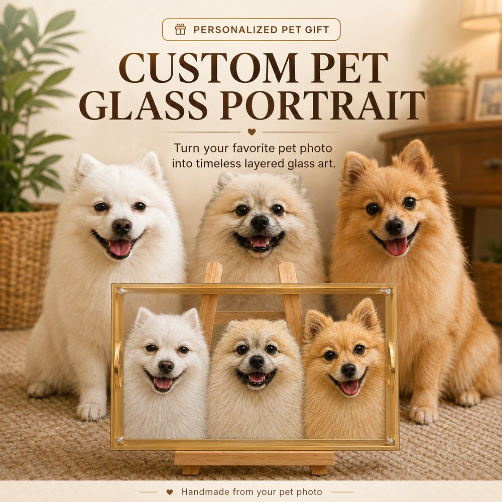 Custom glass pet portrait of three Pomeranian dogs displayed in a gold frame with personalized pet gift text.