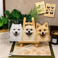 Custom memorial glass pet portrait of three Pomeranian dogs named Miruku, Abu and Miso, displayed on a wooden easel.