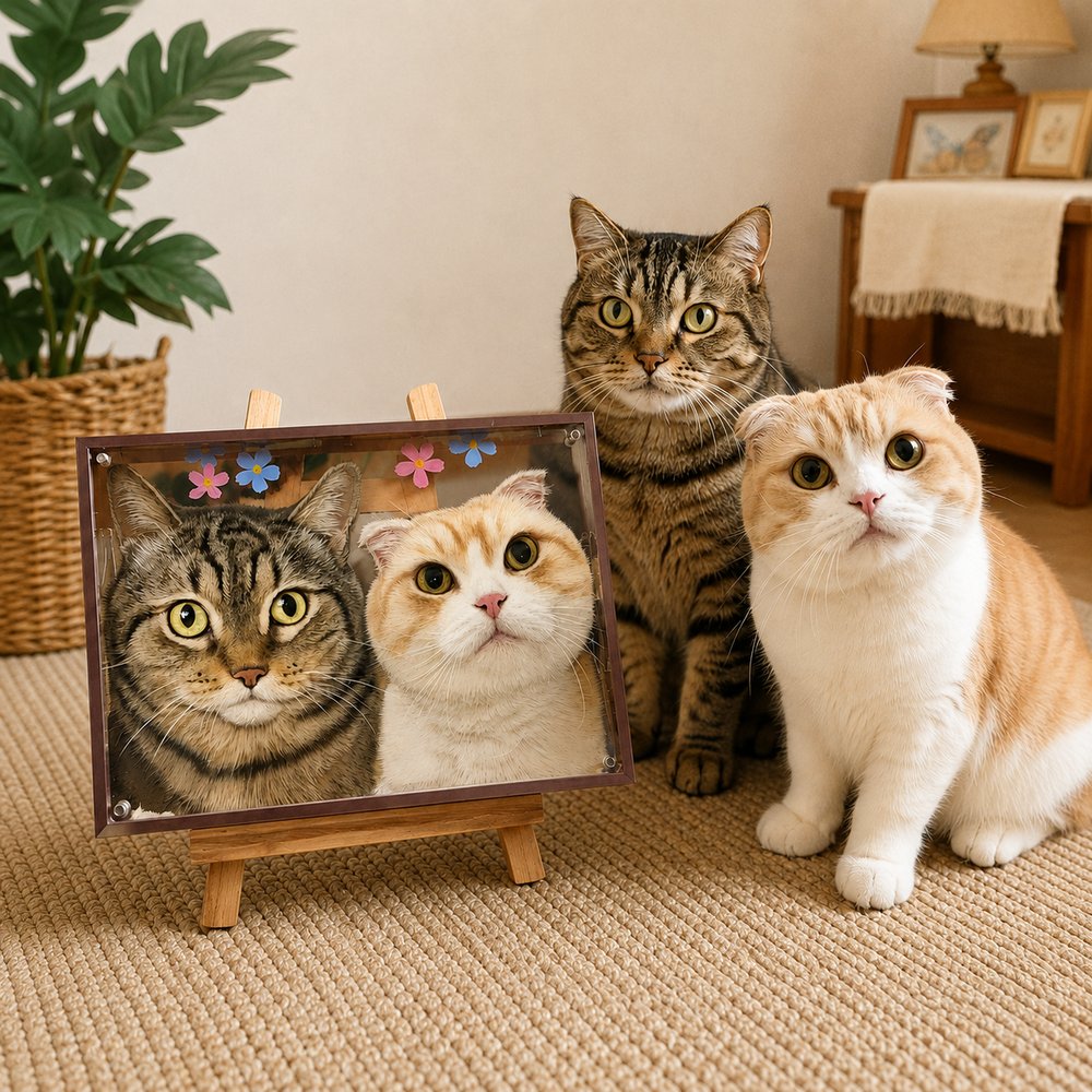 Custom glass pet portrait of a tabby cat and a cream-colored folded-ear cat displayed on a wooden easel beside the pets.