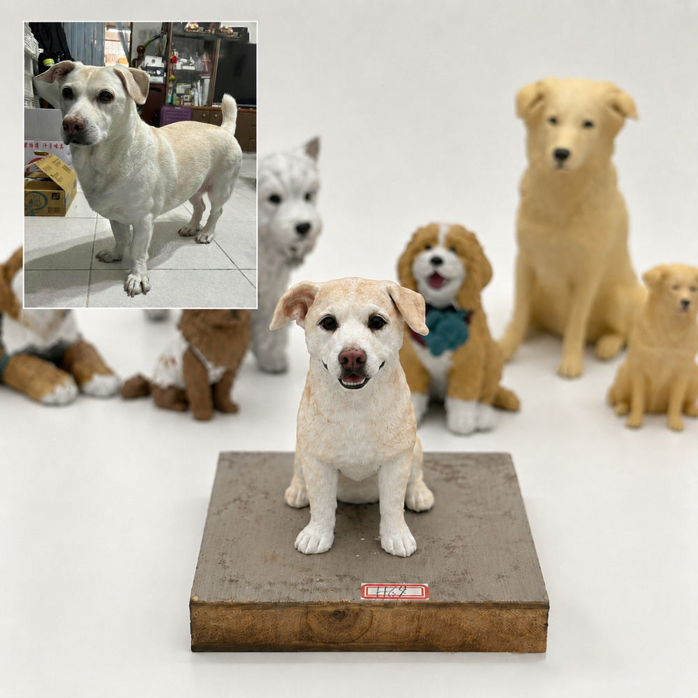 Custom cream-colored dog figurine displayed on a square base with the pet’s reference photo shown in the upper-left corner.