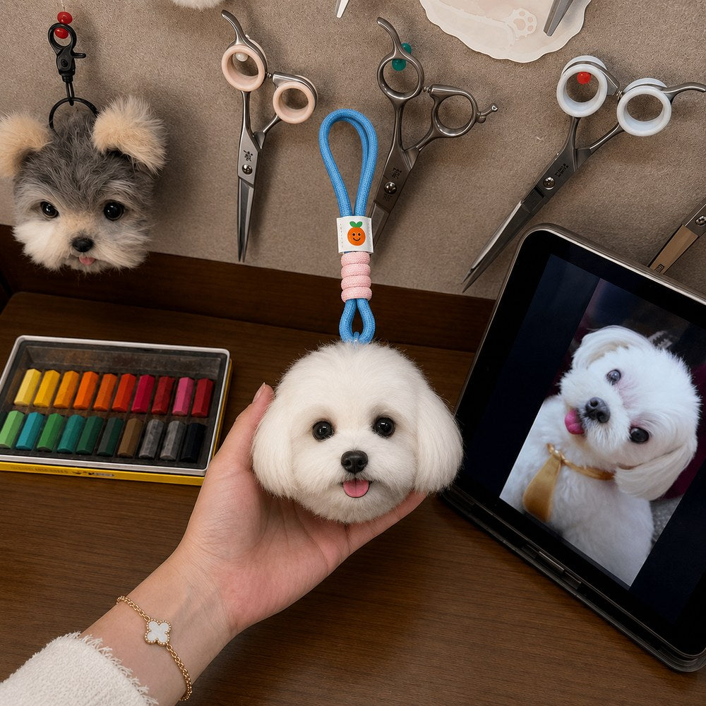 Handmade white dog head bag charm with a blue hanging loop displayed beside the pet’s reference photo in an artisan workshop.