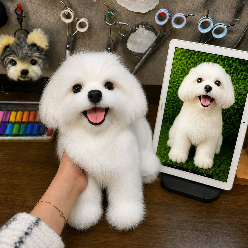 Lifelike handmade replica of a small white dog displayed beside its reference photo on a tablet in an artisan workshop.