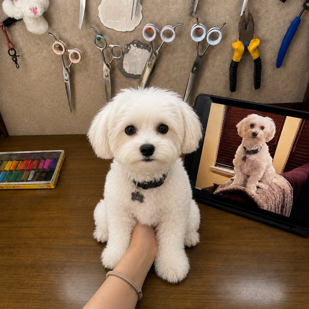Handmade replica of a small white dog named Coco displayed beside its reference photo on a tablet in an artisan workshop.
