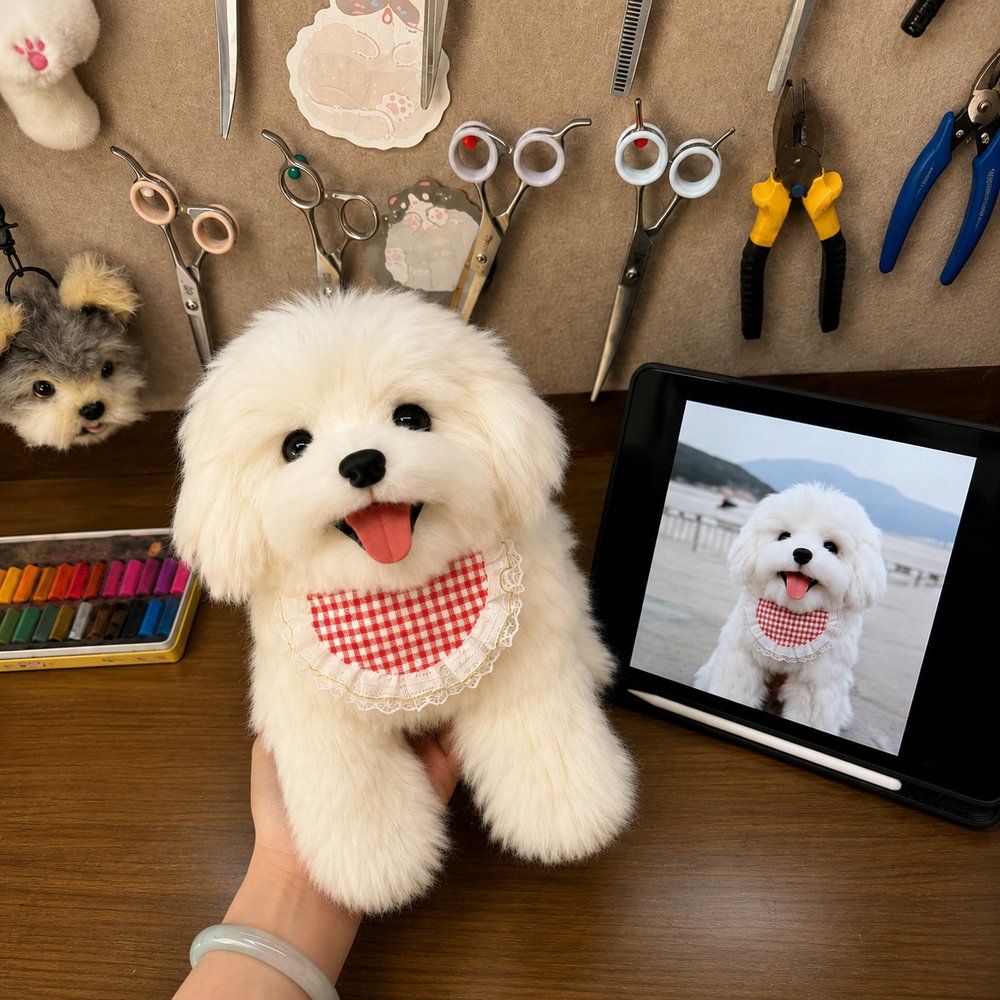 Handmade replica of a small white dog wearing a red checkered bandana, displayed beside its reference photo on a tablet.