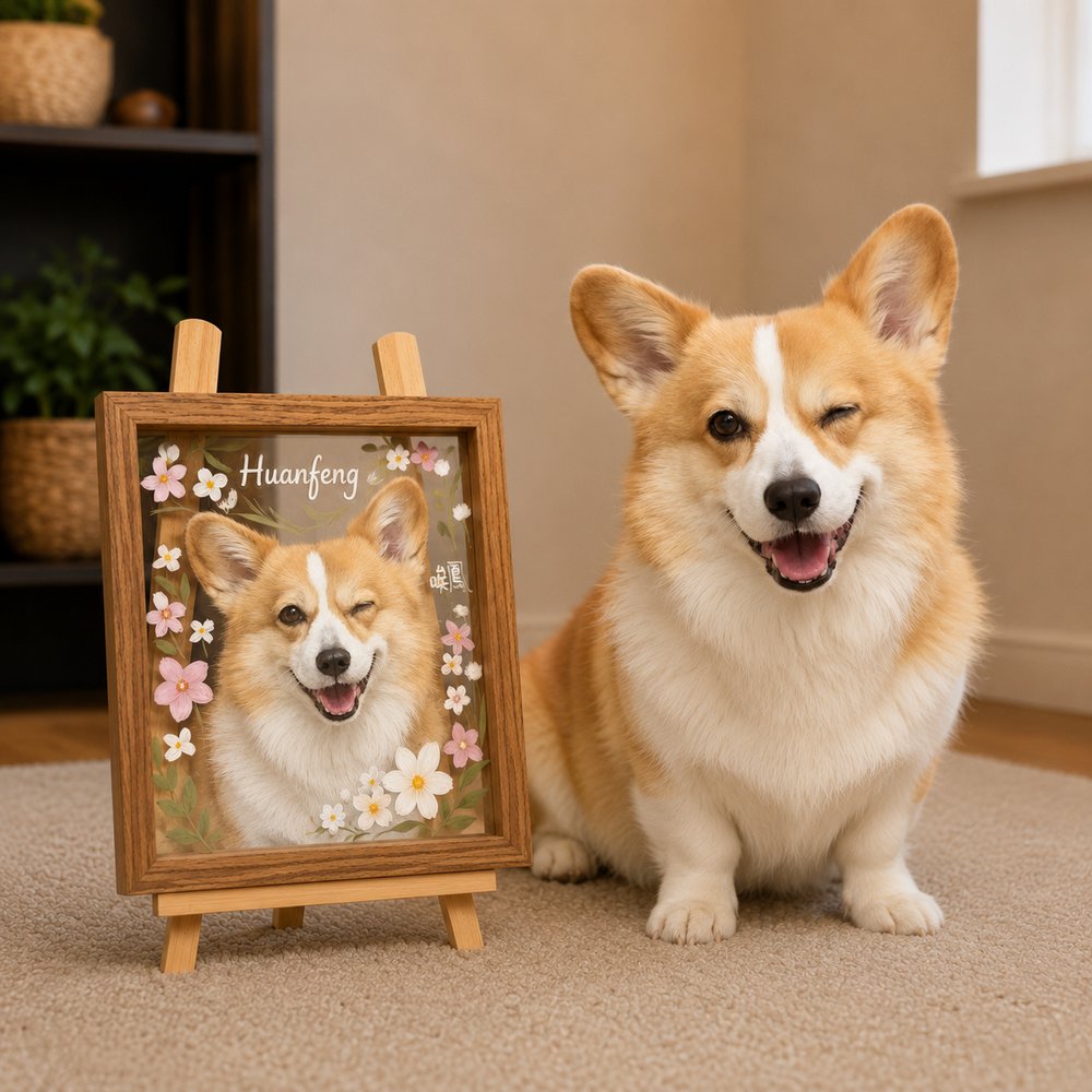 Pembroke Welsh Corgi named Huangfeng sitting beside its personalized floral glass pet portrait in a wooden frame.