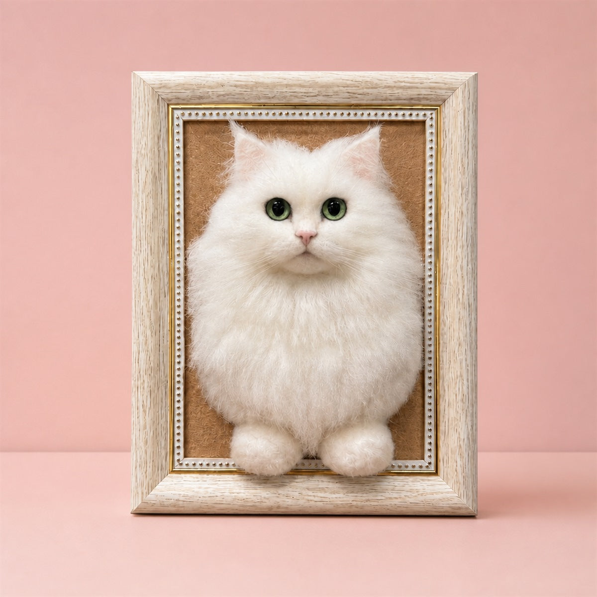 Custom framed 3D wool-felt portrait of a fluffy white cat with green eyes and front paws extending beyond the frame.