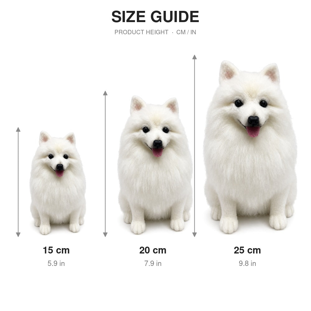 Size guide comparing custom handmade wool-felt pet replicas in 15 cm, 20 cm and 25 cm heights.