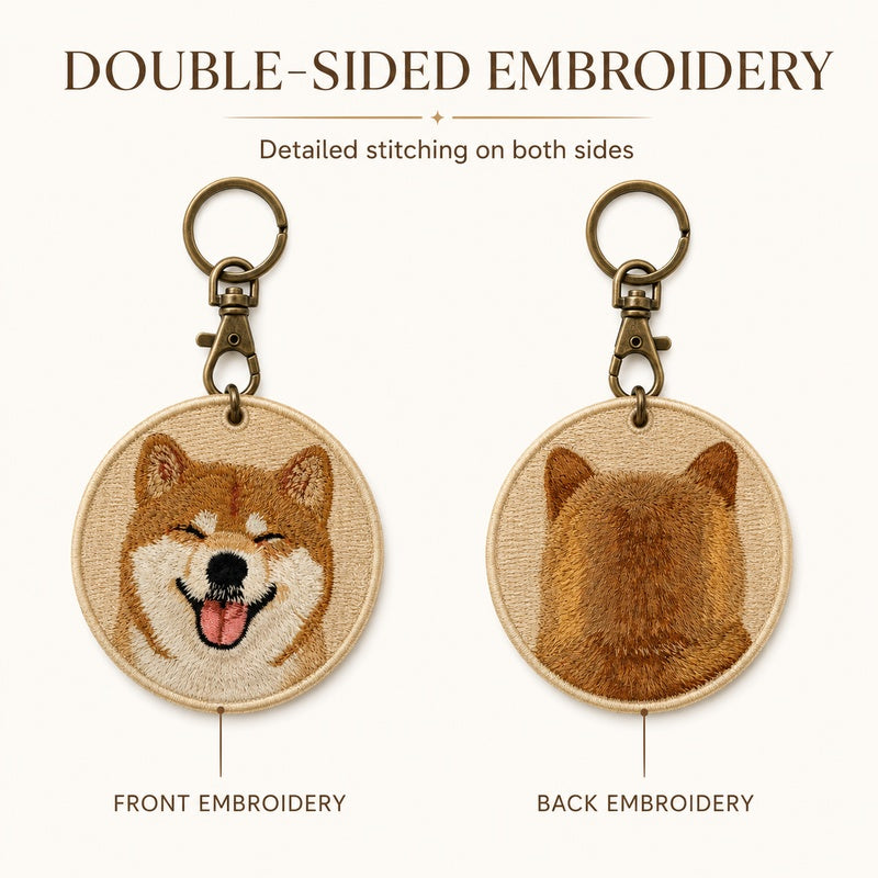 Double-sided custom Shiba Inu embroidered keychain showing the dog’s smiling face on the front and back-of-head portrait on the reverse.