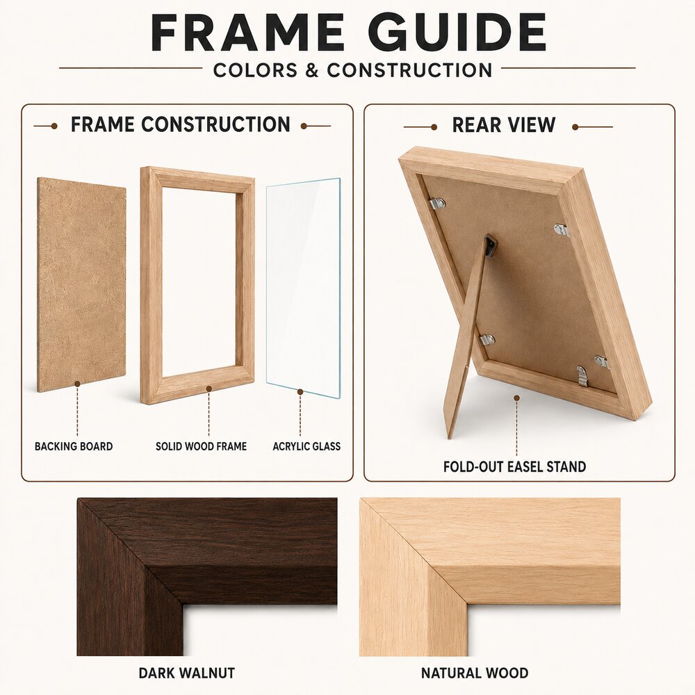 Custom pet portrait frame guide showing frame construction, rear stand design, acrylic glass, backing board, dark walnut and natural wood frame colors.