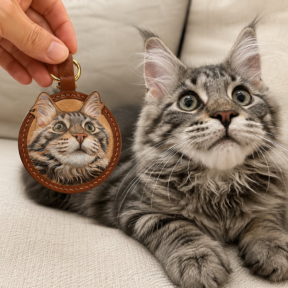 Hand holding a custom round leather keychain featuring a detailed gray tabby cat portrait beside the real long-haired cat.