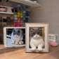 Handmade full-body 3D felt portrait of a gray and white cat displayed in a wooden frame beside the pet’s reference photo.
