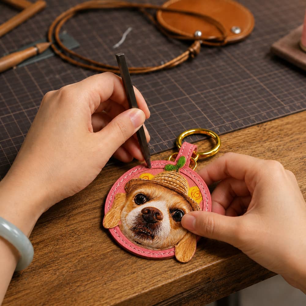 Artisan hand-finishing a custom pink leather dog portrait charm with detailed stitching and a miniature straw hat.