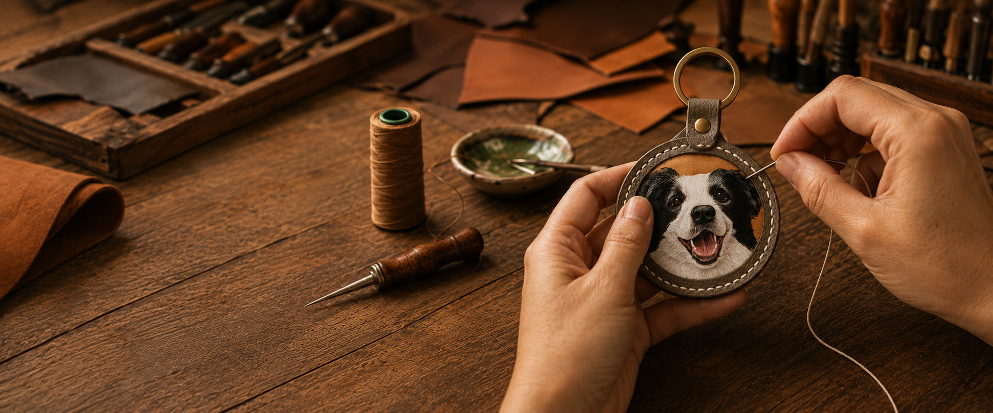 Artisan hand-stitching a custom round leather dog portrait keychain on a wooden workbench surrounded by leather tools and materials.