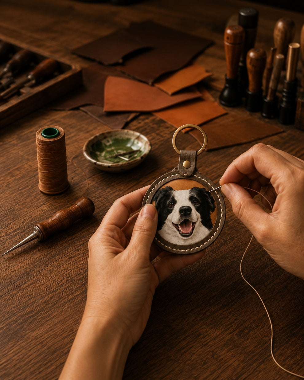 Artisan hand-stitching a custom round leather dog portrait keychain on a wooden workbench with leather tools and materials.